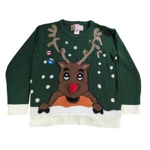 Merry Christmas Reindeer Ugly Xmas Sweater Green Womens M Holiday Pullover
